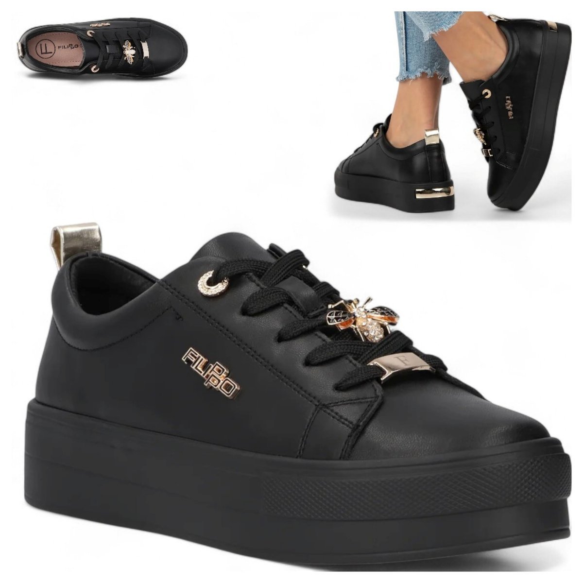 SKÓRZANE Sneakersy Damskie FILIPPO Modne Czarne Eleganckie Półbuty 37