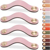 Zawiasy, okucia i inne akcesoria - Zestaw 4 mosiężnych i skórzanych uchwytów do drzwi szafek w kolorze różowym, długość 160 mm, ze śrubami, nadaje się do szaf i kuchni - miniaturka - grafika 1