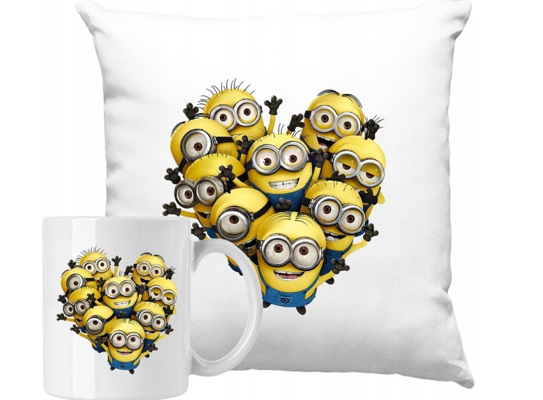 ZESTAW PODUSZKA + KUBEK Minionki Serce Minions Pomysł Na Prezent + IMIĘ