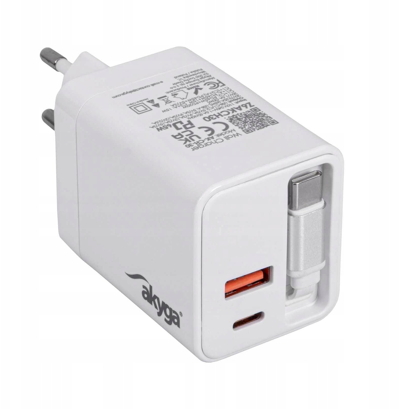 Akyga Ładowarka USB AK-CH-30 USB-A + 2x USB-C PD 5-20V / max. 3.25A 65W Quick Charge 3.0 GaN