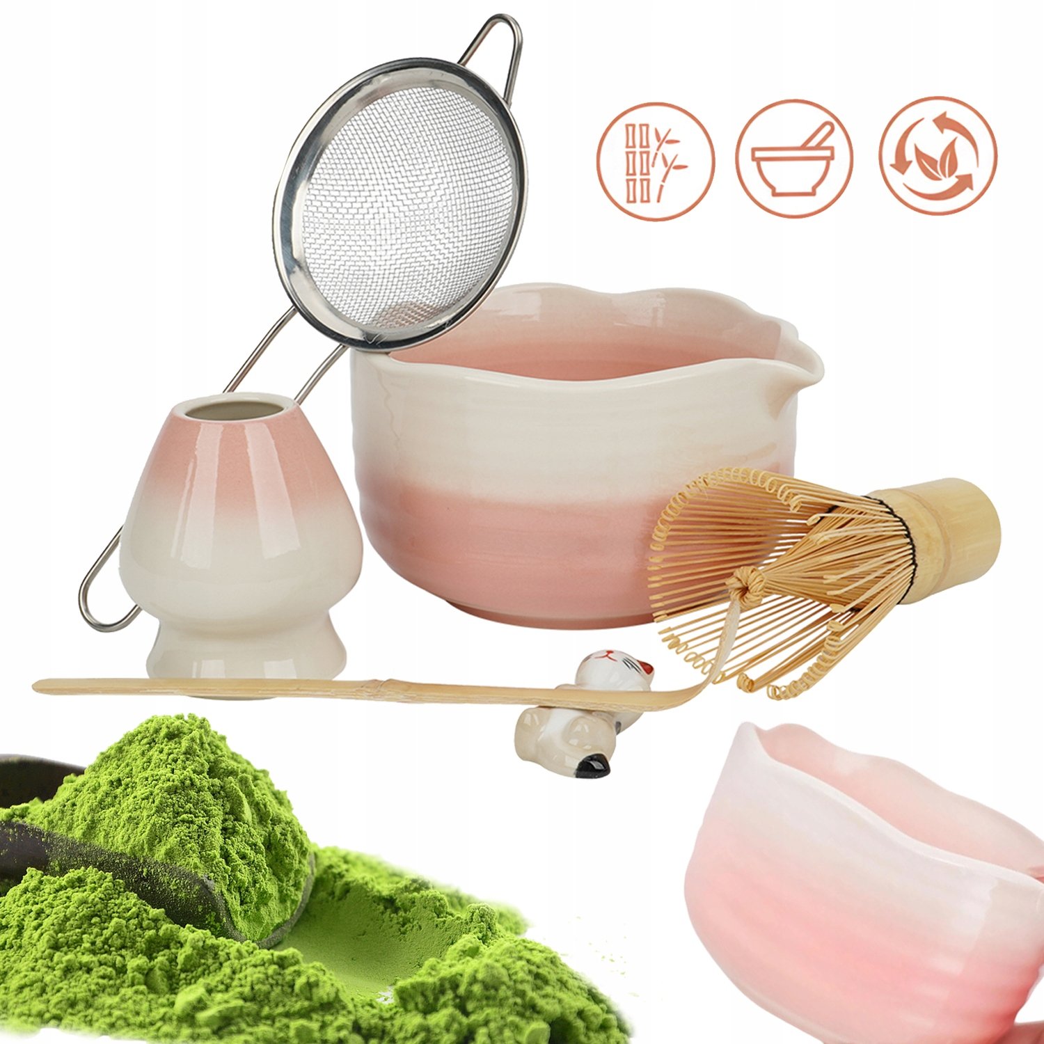 Akcesoria Do Matchy Zestaw 6 Elementów Różowy Z Podstawką I Kocim Uchwytem