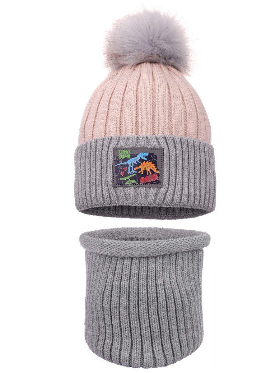 Chłopięcy komplet zimowy czapka i komin dinozaury beżowy Ambra r.46/48