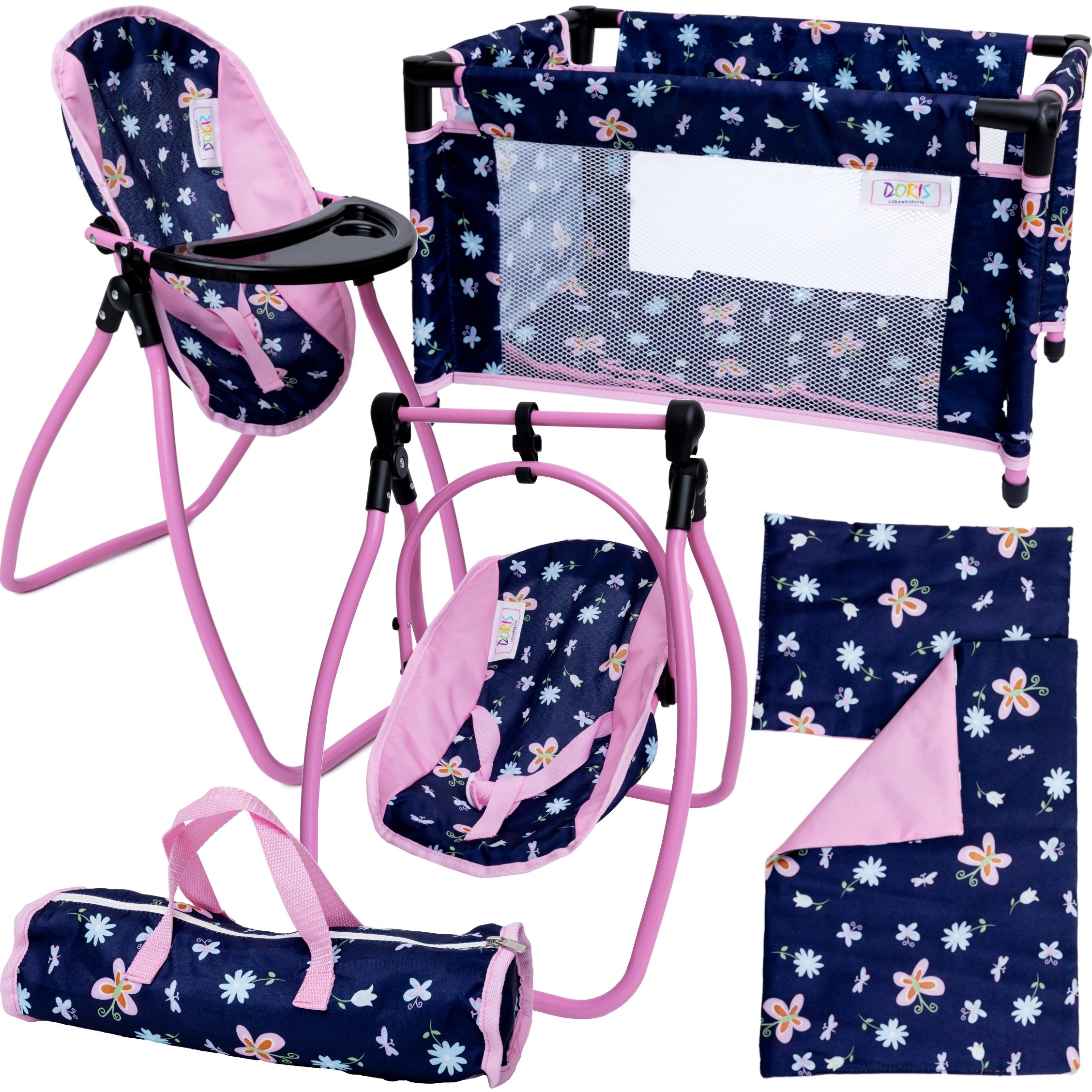 Zestaw dla lalek Łóżeczko Krzesełko Pościel Nosidło