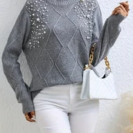 Swetry damskie - TEMU Elegancki szary sweter z pół wysokiego kołnierza Ozdobione perłami ramiona, luksusowy element garderoby dojazdowej, idealny na jesień i zimę - miniaturka - grafika 1