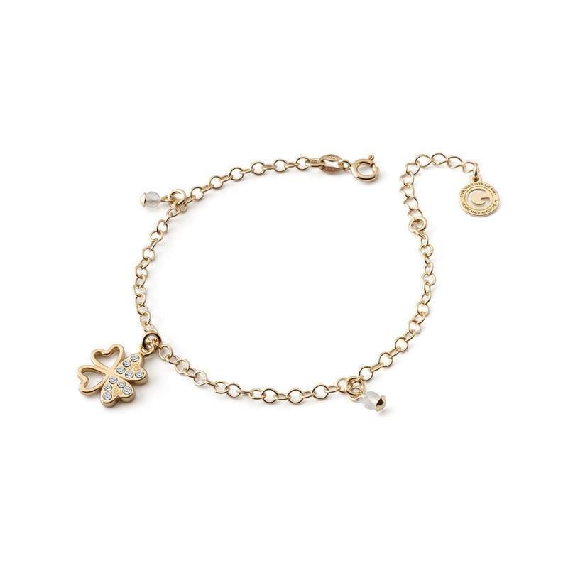 Bransoletka na łańcuszku rolo, koniczynka z cyrkoniami, srebro 925 w złotym pokryciu