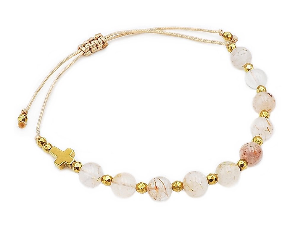 Bransoletka różaniec kwarc z rutylem hematyt regulowana krzyż