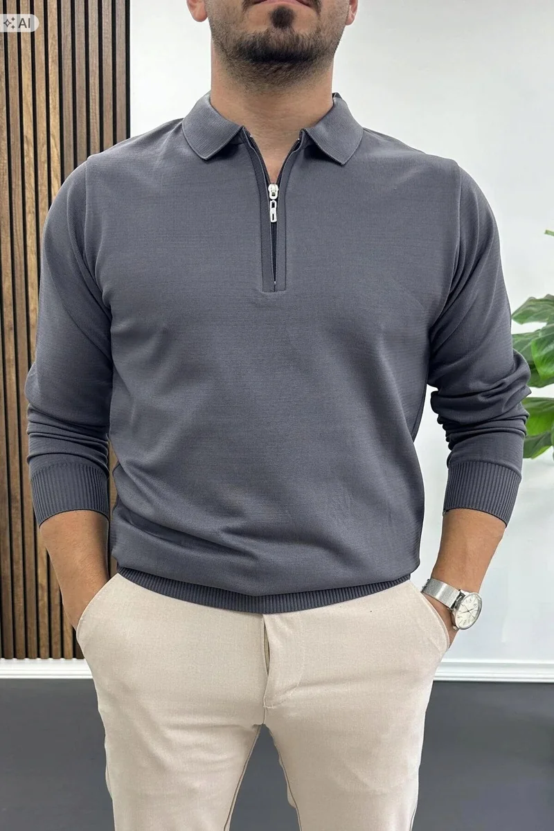 GŁADKI SWETER MĘSKI Z ZAMKIEM I KOŁNIERZYKIEM XL 5IA
