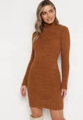 Sukienki - Brązowa Prążkowana Sukienka z Golfem Dzianina z Wełną Sedia - miniaturka - grafika 1