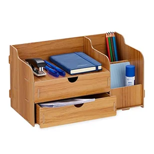 Relaxdays Organizer na biurko, 2 szuflady i 3 przegródki, pojemnik na długopisy z płyty MDF, wys. x szer. x gł.: 17 x 33 x 19 cm, organizer biurowy, ciemnobrązowy - Długopisy - miniaturka - grafika 1