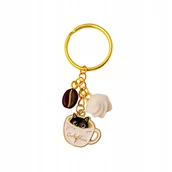 Breloki - Złoty brelok kot w jasnej filiżance kawy Breloczek Kółko do kluczy - miniaturka - grafika 1
