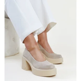 Beżowe skórzane czółenka na słupku Karino beżowy - Czółenka - miniaturka - grafika 1