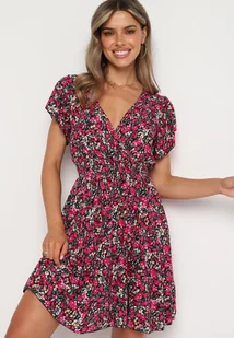 Różowo-Czarna Bawełniana Sukienka z Gumką w Talii i Dekoltem w Serek o Kwiatowym Wzorze Doradea - Sukienki - miniaturka - grafika 1