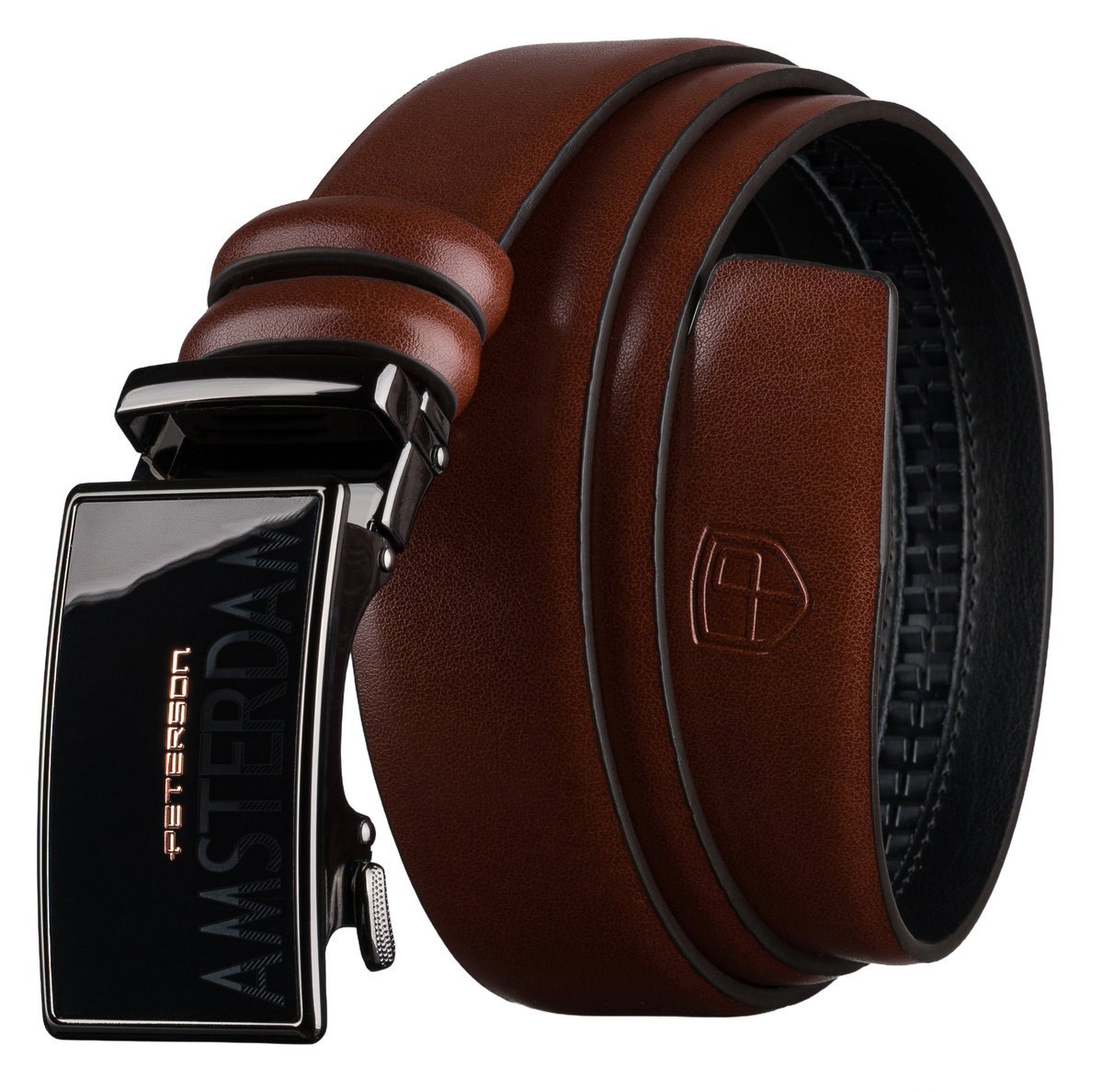 Pasek męski casualowy PETERSON skórzany automatyczna klamra elegancki do garnituru modny brązowy