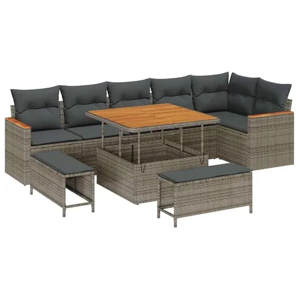 Zestaw sof ogrodowych z polirattanu, szary, sofa narożna, stół, pufy