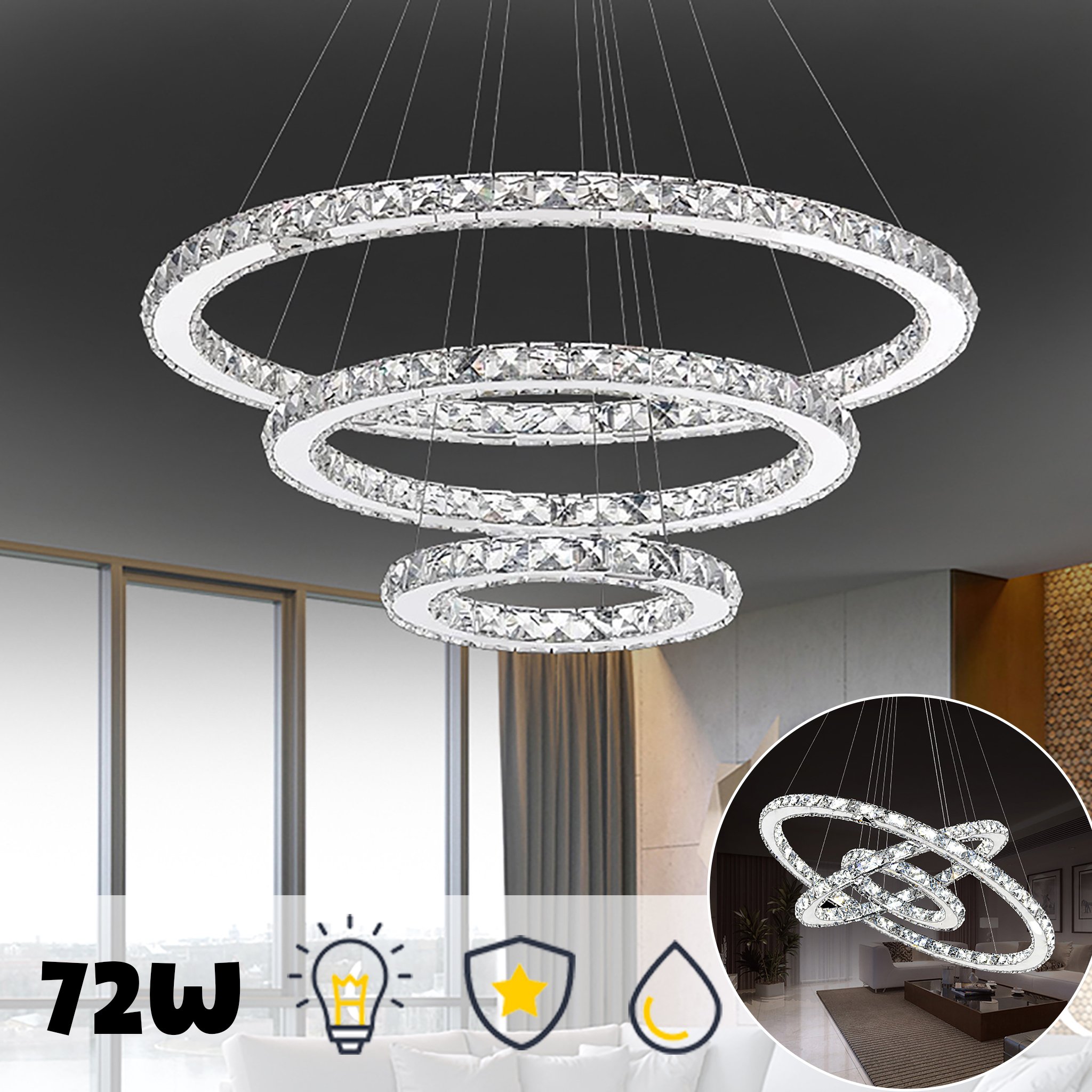 ACXIN LED żyrandol lampa wisząca kryształowa lampa wisząca 72W zimna biała lampa sufitowa lampa wisząca trzy pierścienie (zimna biel, 72W)