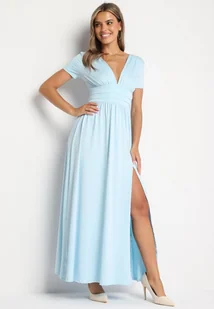 Niebieska Rozkloszowana Sukienka Maxi z Głębokim Dekoltem z Rozcięciem Wyla - Sukienki - miniaturka - grafika 1