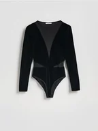 Koszulki i topy damskie - Reserved - Body z siateczkowymi wstawkami - czarny - miniaturka - grafika 1