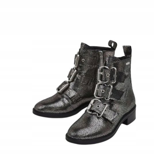 Pepe Jeans Damskie Botki Skórzane Srebrne z Zapięciami 37 Awe
