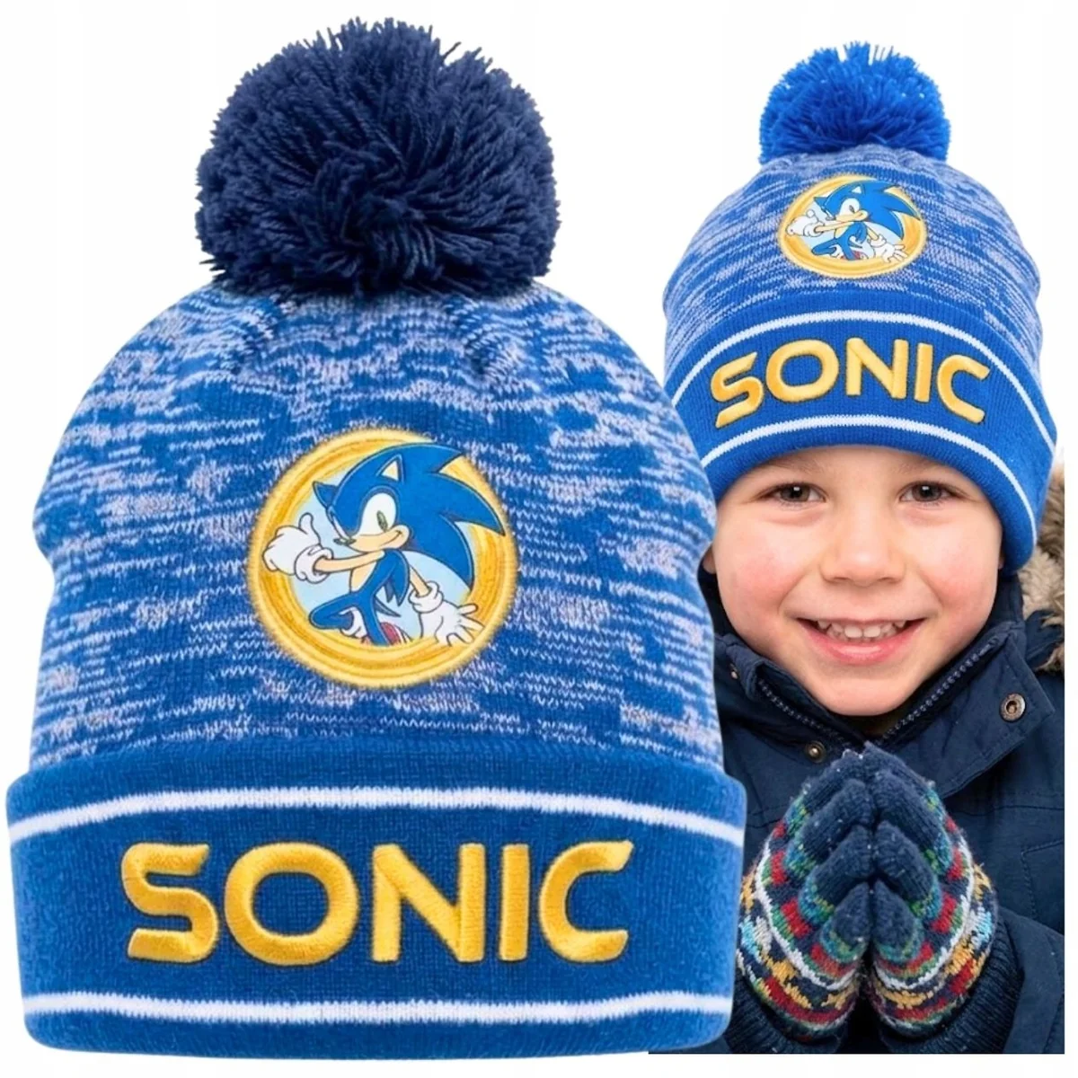 CZAPKA ZIMOWA CIEPŁA CHŁOPIĘCA SONIC Z POMPONEM R. 54 +5 lat