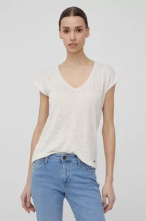 Koszulki i topy damskie - Pepe Jeans t-shirt lniany CLEMENTINE kolor beżowy - grafika 1