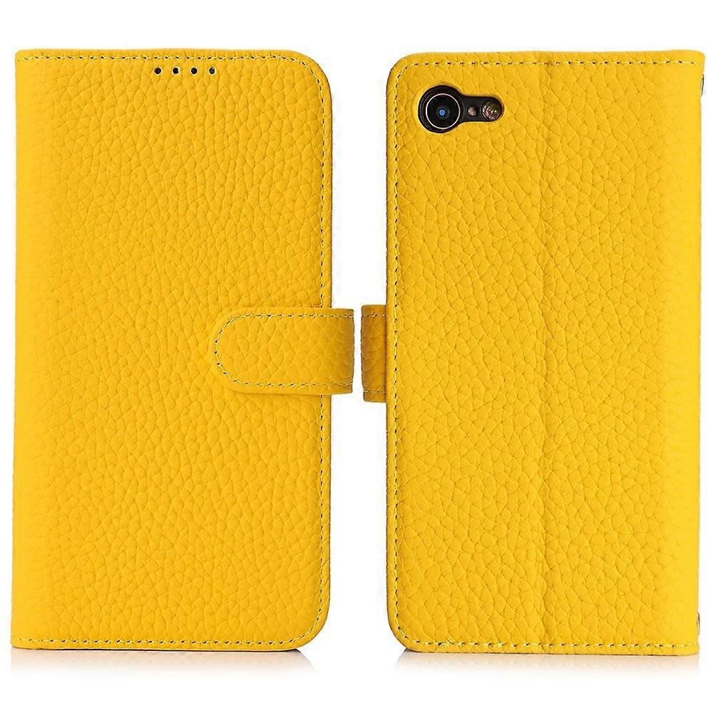 Kompatybilny z iPhone SE (2022) / (2020) / 8/7 Stand Case Litchi Texture Prawdziwy portfel ze skóry bydlęcej Pokrowiec na telefon Blok RFID Żółty