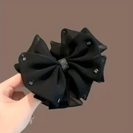 Ozdoby do włosów - TEMU Czarna spinka do włosów z kokardką Elegancka klamra do kucyka z cyrkoniami, plastikowa, owalna, jednolity dla delikatnych kobiet - miniaturka - grafika 1
