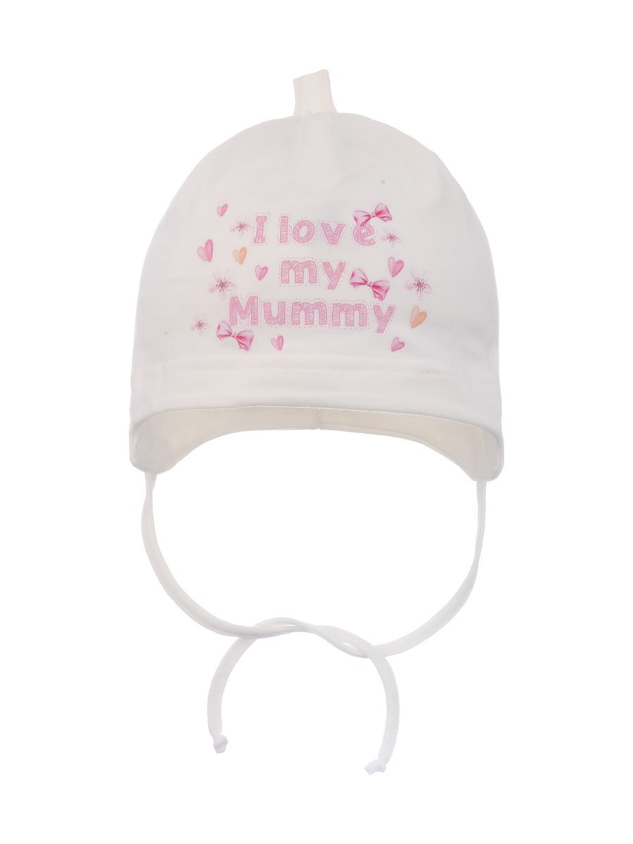 Dziewczęca czapka uszatka I love my Mummy ecru Ambra r.36/38
