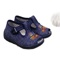 Buty dla dziewczynek - Kapcie chłopięce sandałki domowe pociąg granatowe Nazo - miniaturka - grafika 1