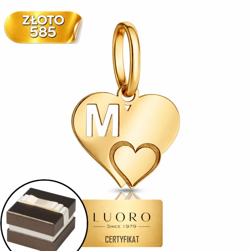 ZAWIESZKA ZŁOTA 585 14K LITERKA M Z SERDUSZKIEM 15 MM ELEGANCKA