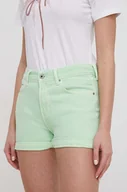 Spodenki damskie - Pepe Jeans szorty jeansowe damskie kolor zielony gładkie high waist - miniaturka - grafika 1