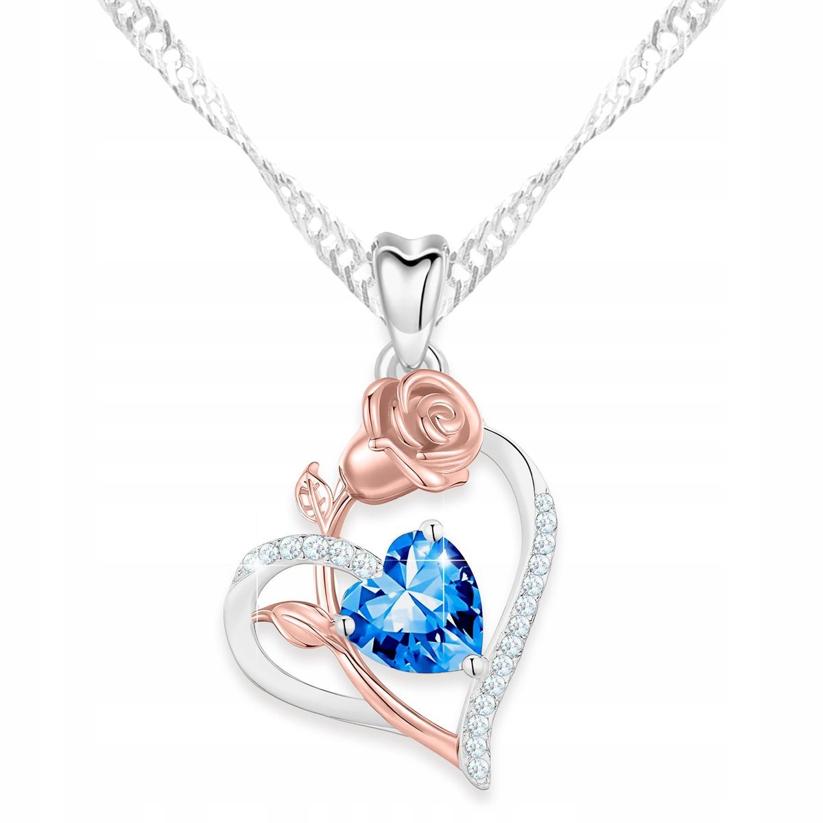 Naszyjnik Srebrny Róża Serce z Cyrkoniami Złoty Kwiat Życia SREBRO 925