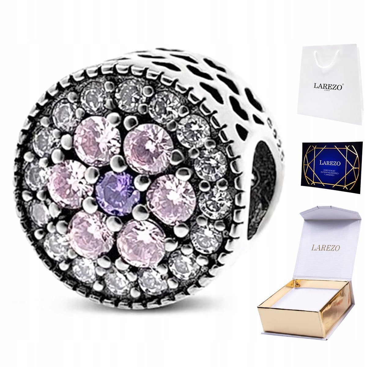 CHARMS SREBRNY Kolorowy Fioletowy Kwiat Kwiatek Różowe Cyrkonie SREBRO 925