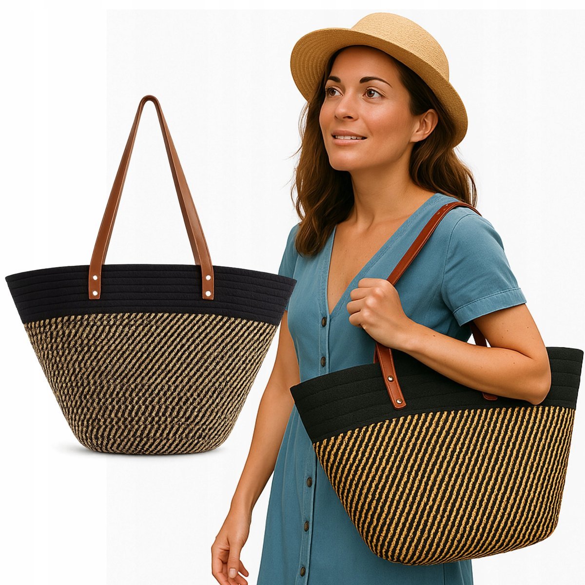TORBA PLAŻOWA BOHO SŁOMIANA MIEJSKA SHOPPER NA PLAŻĘ NA ZAKUPY NA LATO