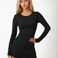 Sukienki - TEMU Elegancka jednokolorowa sukienka midi z okrągłym dekoltem i spłaszczonym podszewką, długim rękawem - stylowa odzież damska na wiosnę/jesień, - miniaturka - grafika 1