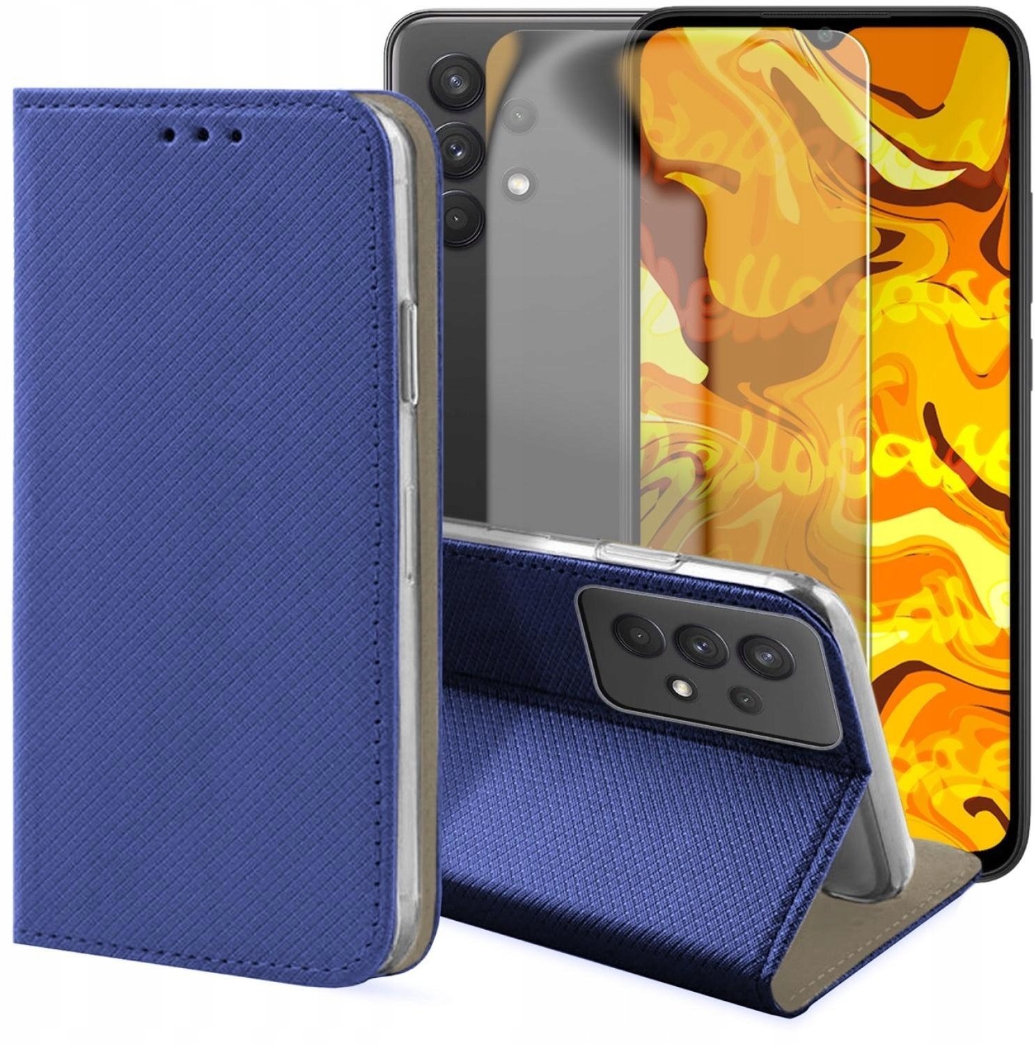 Hello Case Etui z Klapką Do Samsung Galaxy A32 4G Granatowe, Magnetyczne Szkło