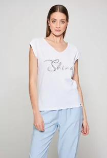 Bawełniany t-shirt z cekinowym napisem - Monnari - Koszulki i topy damskie - miniaturka - grafika 1
