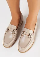 Mokasyny damskie - Beżowe Klasyczne Mokasyny z Paskiem i Metalową Ozdobą Tirnal - miniaturka - grafika 1