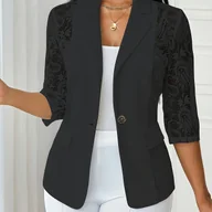 Kurtki damskie - TEMU Modna jednokolorowa damska casualowa marynarka z cienkimi klapami, koronką i sztuczną kieszenią, z rękawami 3/4 - miniaturka - grafika 1