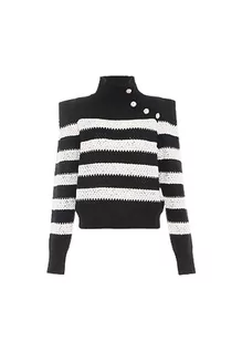 Swetry damskie - faina Damski sweter z dzianiny w paski z półwysokim kołnierzem i ukośnym guzikiem, czarny, rozmiar XL/XXL, czarny, XL - grafika 1