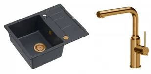 Quadron Unique Zlewozmywak granitowy jednokomorowy 62*50*22 cm z ociekaczem MORGAN 116 BLACK DIAMOND z syfonem Push-2-Open w kolorze miedzianym z baterią ANGELINA Q LINE z wyciąganą wylewką kolor miedziany - Zlewozmywaki z baterią - miniaturka - grafika 1