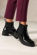 Botki damskie - Czarne botki damskie lakierowane Sergio Leone z gumami po bokach bieżnikowana platforma wzór wężowy GI253 - miniaturka - grafika 1