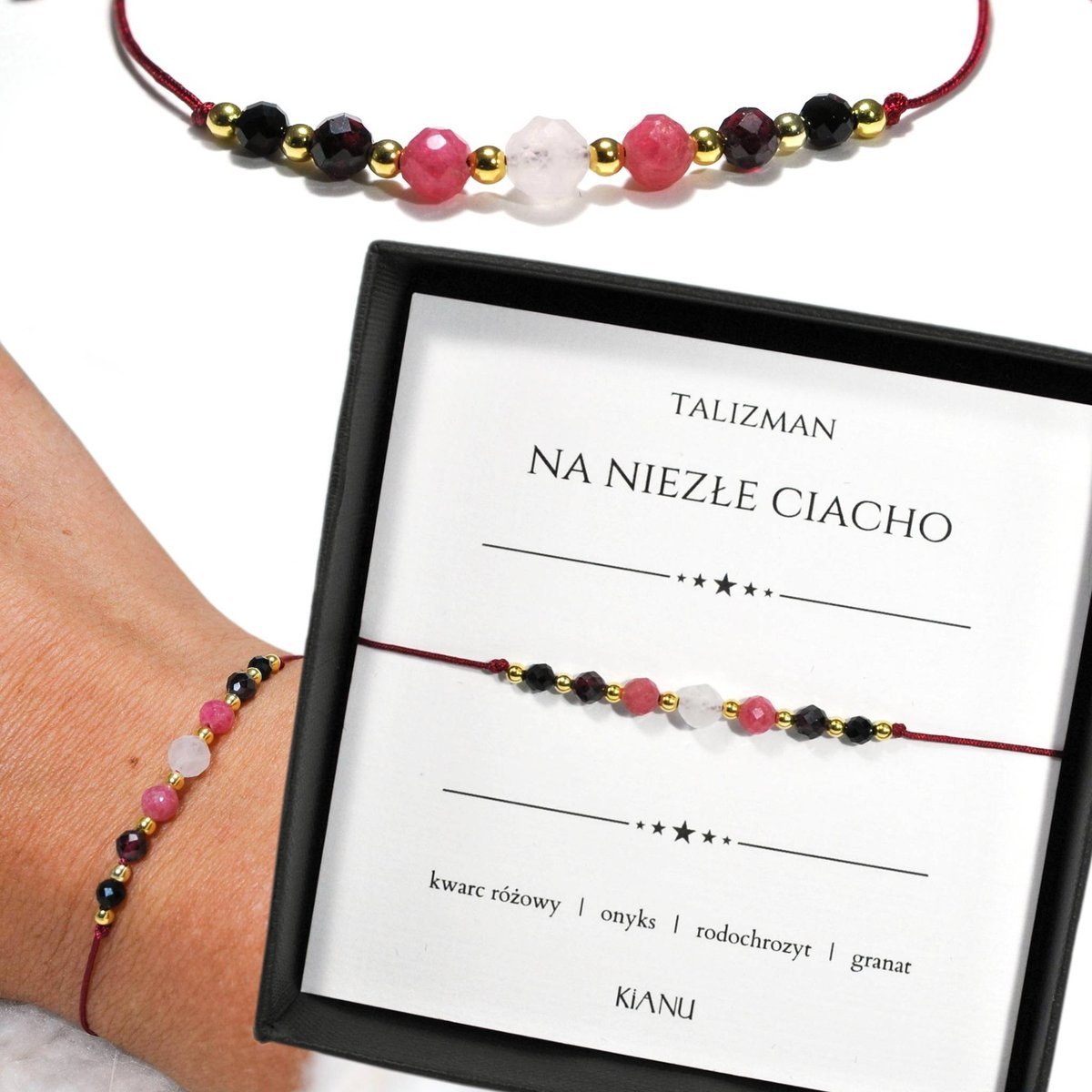 Talizman Bransoletka KiANU Ochronna Czerwony Sznurek Kwarc Różowy Rodochrozyt Granat Onyks Srebro 925