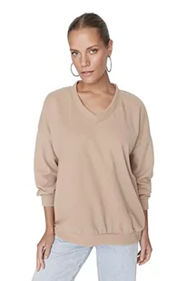 Trendyol Damska bluza z dzianiny Basic z dekoltem w serek, Ciemnobeżowy, L - Bluzy damskie - miniaturka - grafika 1
