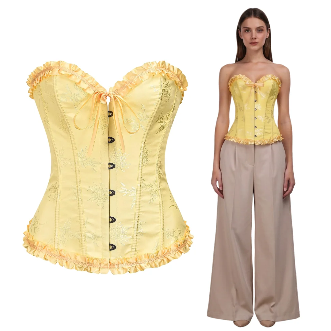 Damski Gorset Bustier Wyszczuplający Koronkowy Elegancki Wygodny Żółty XS