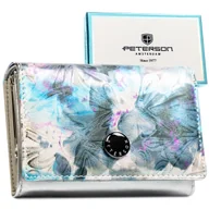 Portfele - PETERSON Portfel damski szary z kolorową klapką skóra naturalna i ekologiczna mały poziomy na zatrzask pudełko prezentowe ochrona kart RFID STOP - miniaturka - grafika 1