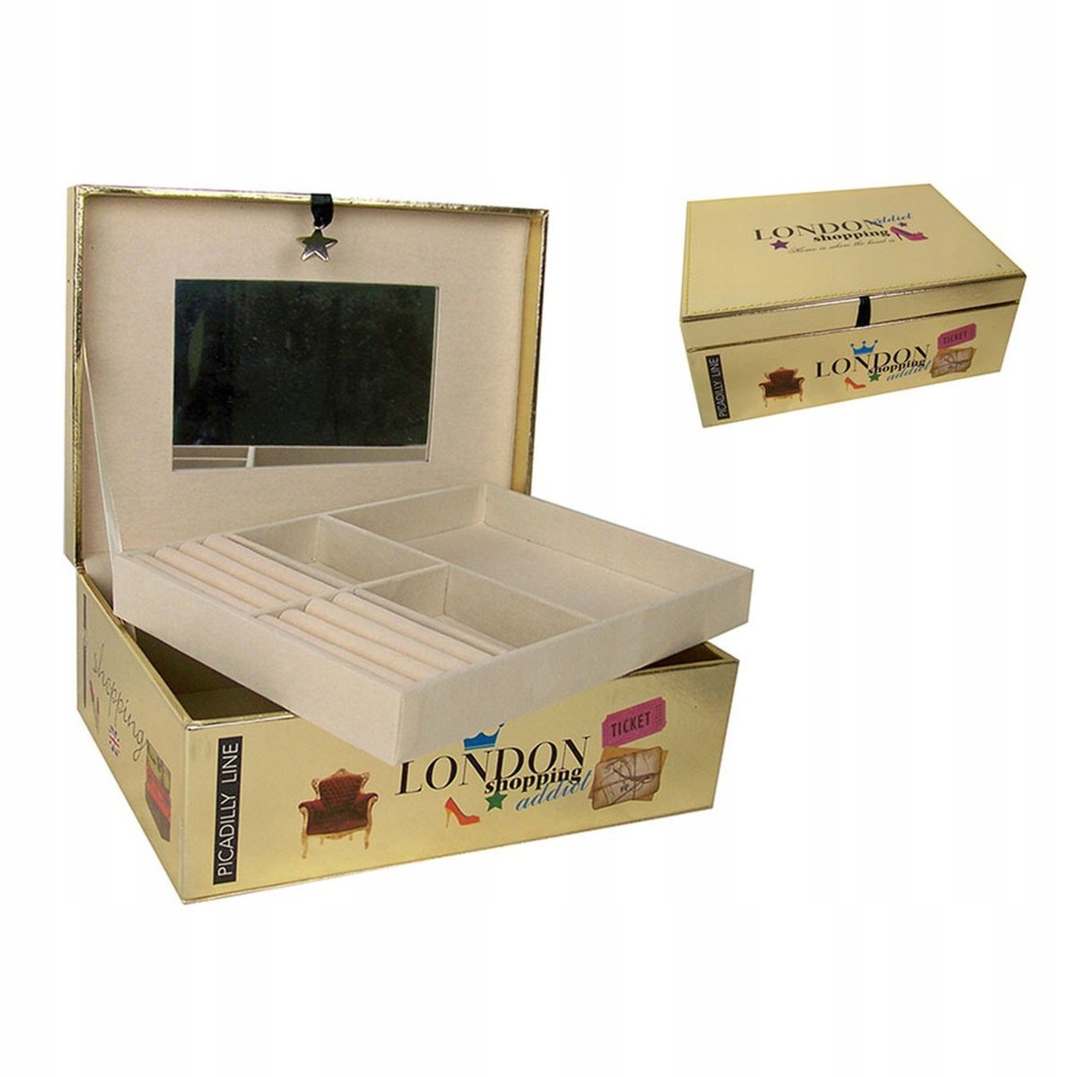 Szkatułka Na Biżuterie Kuferek Z Lusterkiem Organizer Pudełko Złote