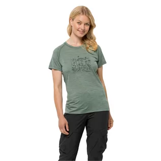 Koszulki i topy damskie - T-shirt damski Jack Wolfskin KAMMWEG GRAPHIC S/S W picnic green - S - grafika 1