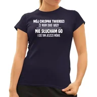 Koszulki i topy damskie - Mój chłopak twierdzi że mam dwie wady: nie słucham go i coś tam jeszcze mówił - damska koszulka na prezent Granatowa - miniaturka - grafika 1
