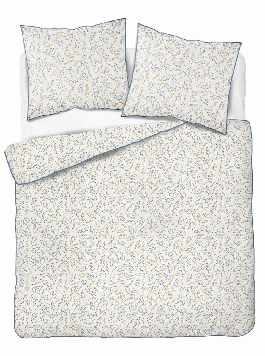Pościel z perkalu 160x200 kremowa w niebiesko-żółte gałązki kwiatów Soft Garden