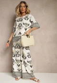 Komplety damskie - Czarno-Beżowy Wiskozowy Komplet w Orientalny Print Szerokie Spodnie i T-shirt Pollialia - miniaturka - grafika 1